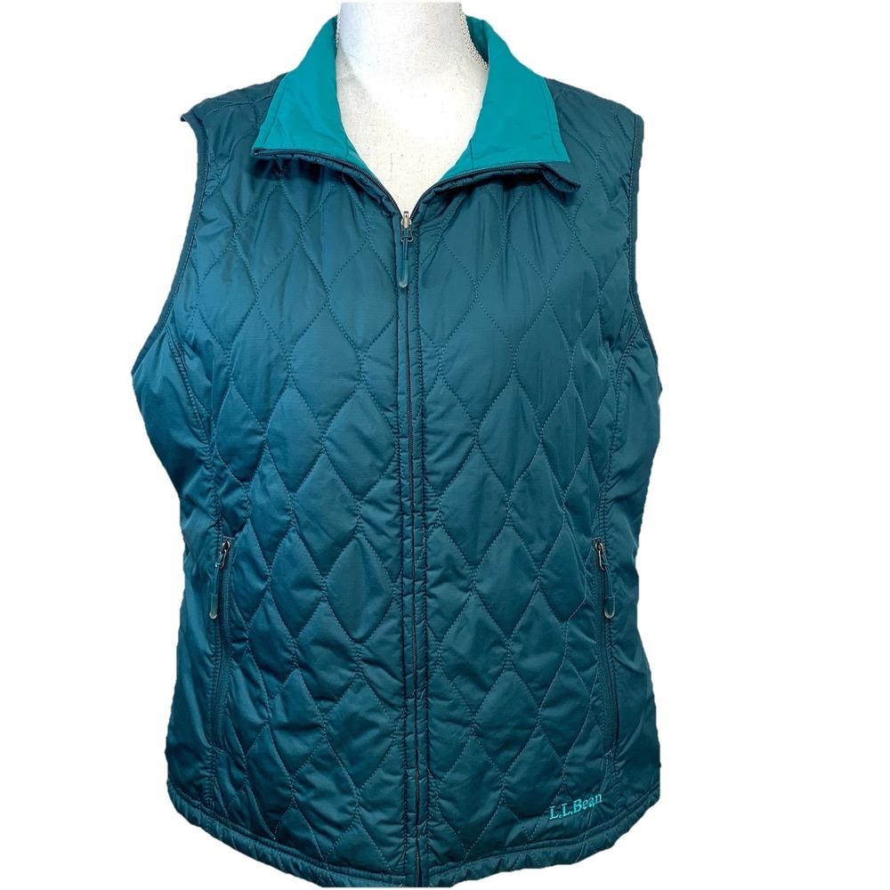 LL Bean Reversable Quilted Vest Woman LP Green Pockets   Outdoor Casual Travel‎